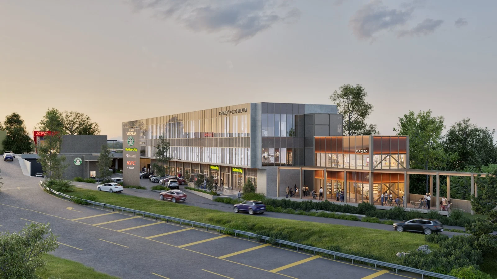 Plaza Vitalia · Guadalajara: plaza comercial con marcas ancla al atardecer